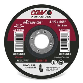 Picture of Ceramic Cutoff Wheels w/ hub 4-1/2 x .0415 x5/8-11; 36 Grit Type 27 10/pk