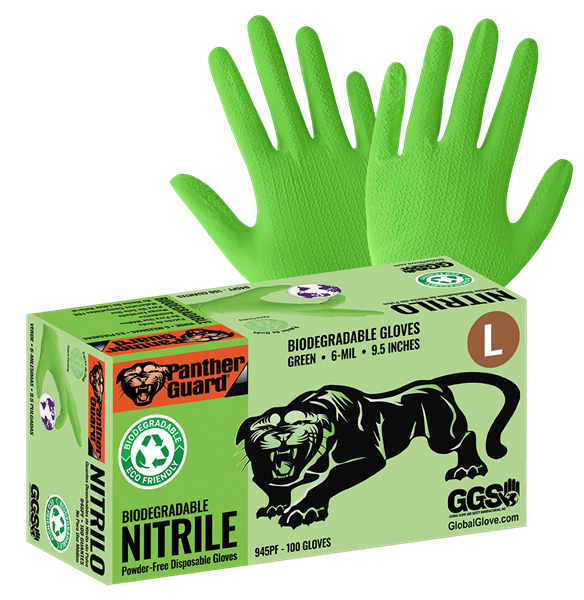 Picture of Green 6 mil Industrial Biodegradable Nitrile PF Glove Wave Textured 9.5"