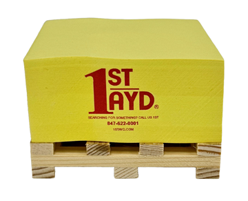 Picture of 3"x 3" Sticky Note Block on Mini Pallet 350  Bright Yellow w/Red 1st Ayd Logo