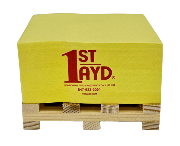 Picture of 3"x 3" Sticky Note Block on Mini Pallet 350  Bright Yellow w/Red 1st Ayd Logo