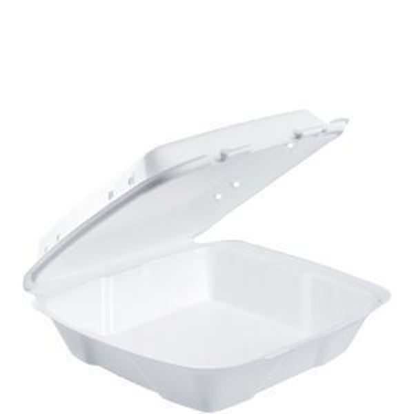 Picture of Dart Foam Hinged 9" Container 2/100/cs  White 9.4" x 9" x 3"  One Compartment